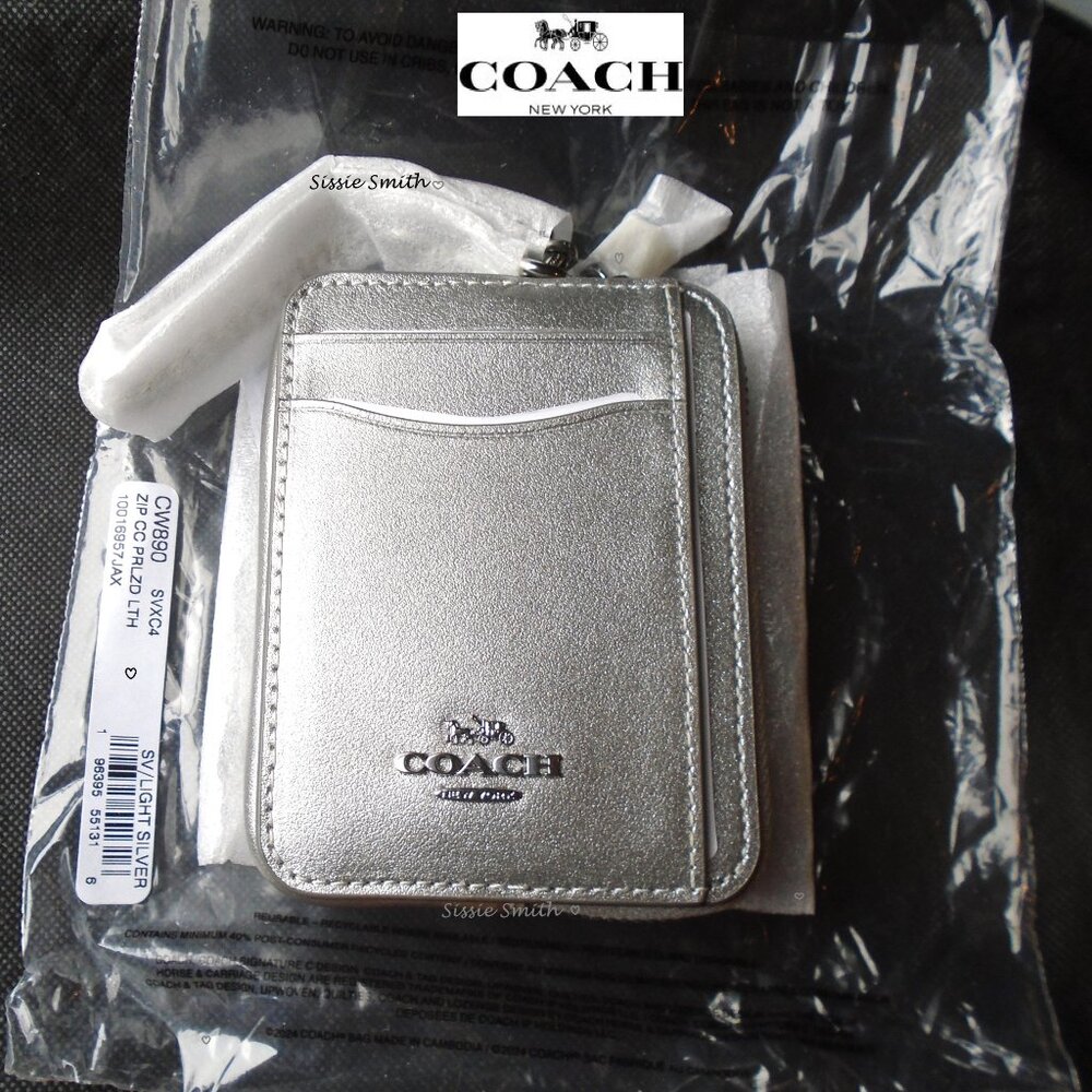 Coach Zip Card Case in Silver Pearlized Smooth Leather